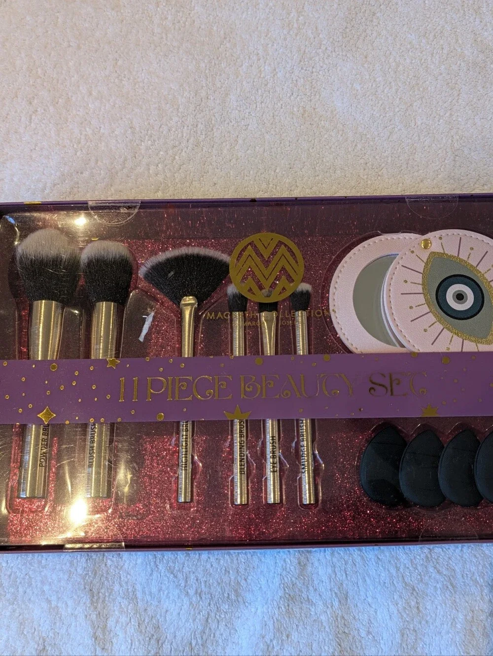NIB Macbeth Collection Evil Eye 11 Pc Makeup Brush Set Compact Mirror Puffs
